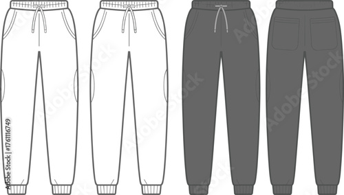 Jogger pants technical flat sketch, fashion CAD design, vector illustration of sweatpants front and back view, apparel template drawing