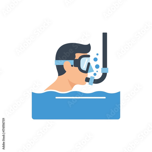 Person snorkeling in blue water with bubbles.