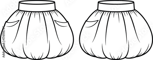 Bubble skirt technical flat sketch, vector illustration of puff skirt front and back view, fashion CAD drawing, apparel design template