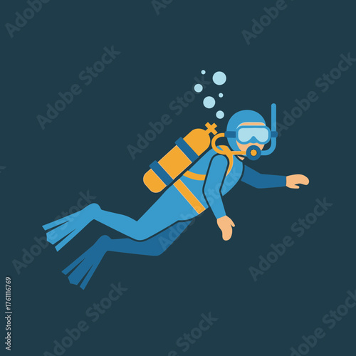 Diver swims underwater with scuba gear and bubbles.