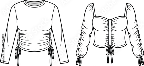 Women’s ruched tops flat fashion CAD drawing, detailed vector illustration of long sleeve and puff sleeve trendy blouse design