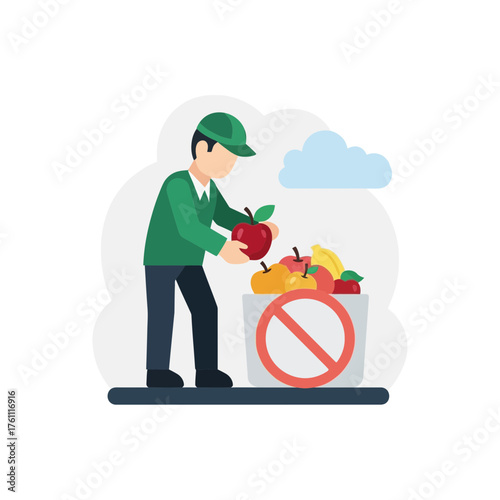 Person discarding fruit into a bin with a no symbol.