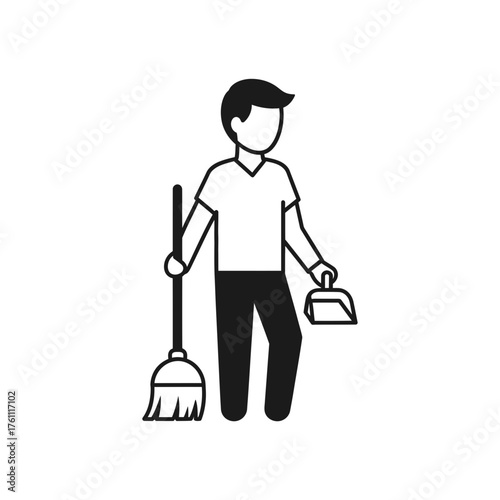 Person holding broom and dustpan cleaning.