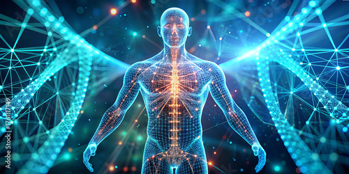 This artwork showcases a human figure represented digitally, surrounded by DNA strands and glowing connections, emphasizing the integration of science and technology