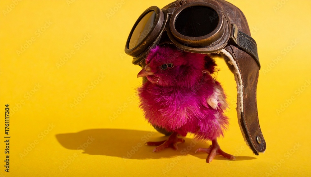 Fototapeta premium Magenta Chick Ready for Takeoff in Vintage Aviator Helmet and Goggles on Bright Yellow Background