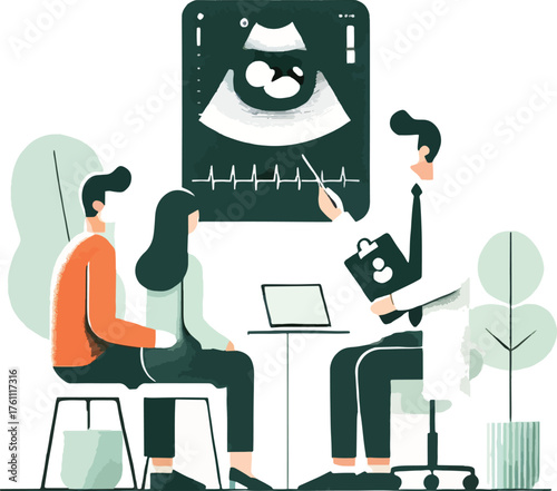 Doctor shows ultrasound scan to expectant parents patient