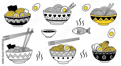 Hand-drawn vector illustration of ramen bowls and ingredients