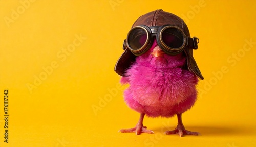 Vibrant Pink Aviator Chick in Leather Helmet and Goggles Against Bright Yellow Background