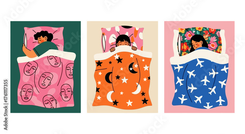 Set of illustrations showing diverse people sleeping in cozy beds with colorful patterned blankets. Peaceful bedtime and rest concept