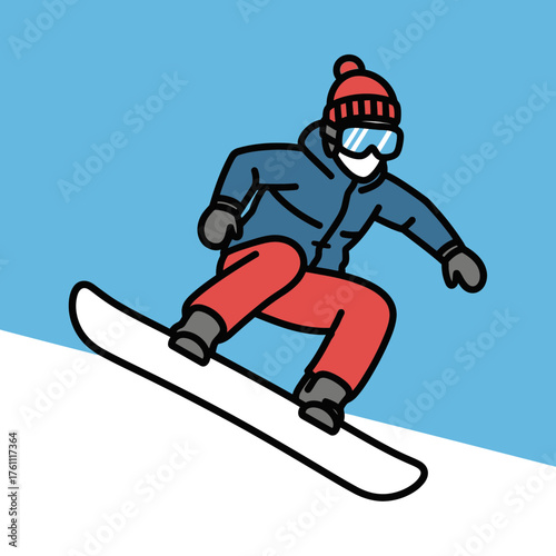 Person snowboarding down a snowy slope wearing winter clothing.
