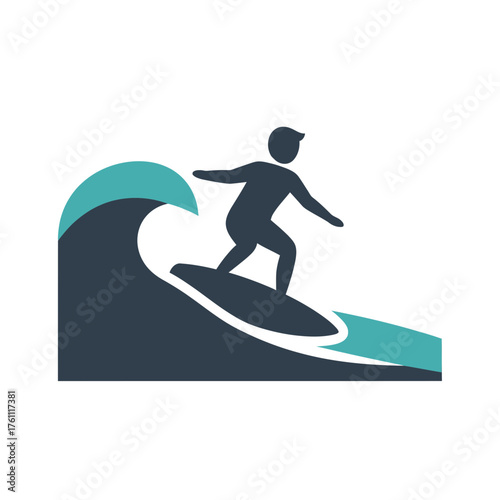 Surfer riding a wave on a surfboard icon.