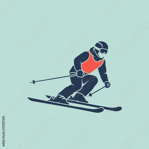 Skier in orange vest on skis with poles on light blue background.