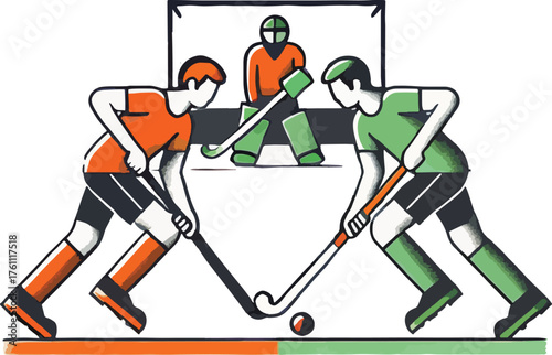 Field hockey players and goalie in cartoon style sport
