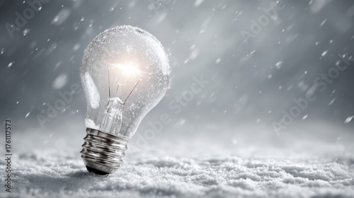 Light Bulb Glowing in the Snow With Snowflakes Falling Around in a Winter Setting