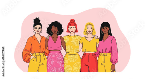 Diverse group of five women of different ethnicities and styles, celebrating empowerment and solidarity