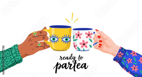 Two hands holding up mugs, one with a floral design and the other with an eye design, celebrating a moment of togetherness and enjoyment