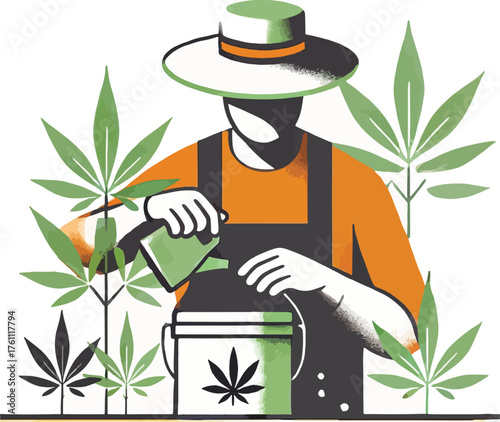 Gardener pouring liquid into bucket with cannabis leaf symbol