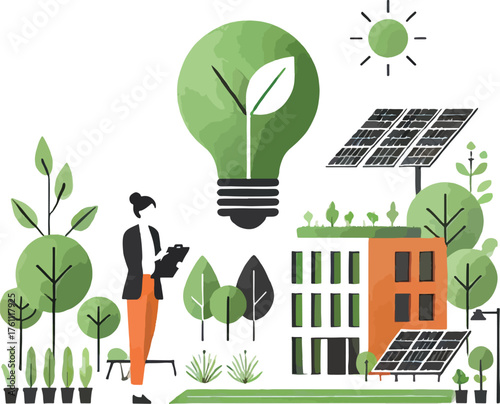 Green energy concept with person and solar powered building