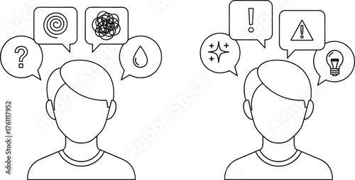 Mental health contrast concept showing emotional confusion versus clarity, stress versus positivity, psychological states, therapy, awareness, and mindfulness symbols.