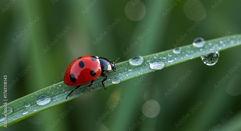 Obraz premium Natural Contrast: Bright Red Insect Against a Lush Green, Blurred Background