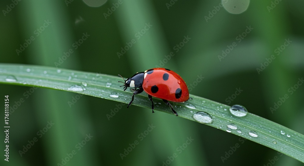 Obraz premium Close-Up Detail of a Ladybird Beetle (Coccinellidae) with Water Droplets at Dawn