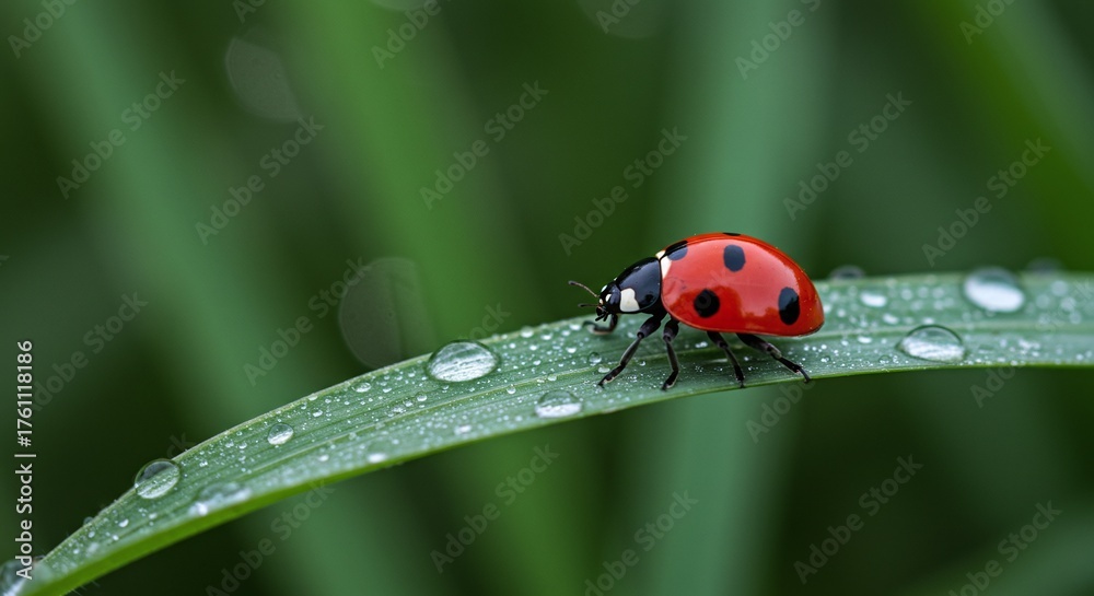Fototapeta premium Macro Wildlife: Vibrant Red Ladybug Crawling on a Wet Blade of Grass with Dewdrops