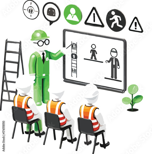 Instructor teaching safety to workers with presentation