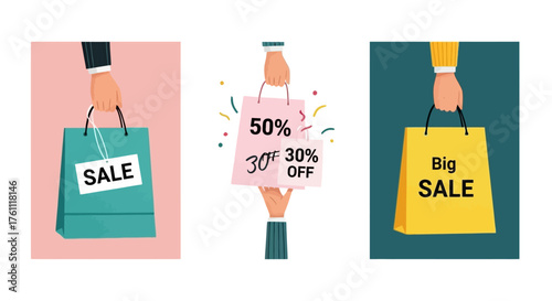 Set of modern flat design illustrations showing hands holding shopping bags with sale tags, advertising big discounts and promotional offers for retail