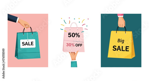 A set of three vector illustrations featuring hands holding colorful shopping bags with sale, big sale, and percentage off discount signs