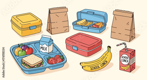 A colorful hand-drawn illustration featuring a variety of classic school lunch items, including a packed cafeteria tray, lunch boxes, and paper bags