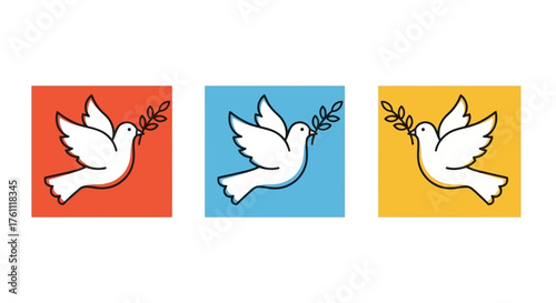 Three stylized graphic doves gracefully flying, each carrying an olive branch, embodying universal peace, hope, and freedom on colorful backdrops
