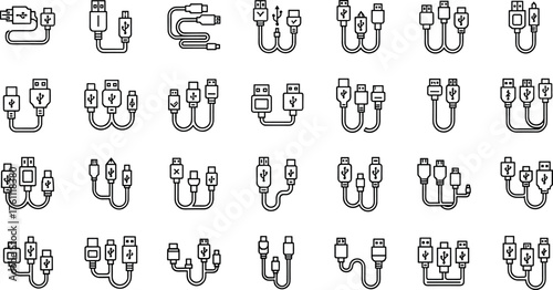 Set of 30 USB cable icons showing various connector types and configurations for tech, electronics, data transfer, and compatibility.