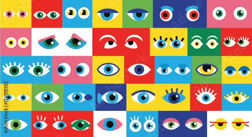 A vibrant and playful mosaic of cartoon eyes in a variety of colors and expressions, set against a geometric grid background, evoking a sense of observation and curiosity