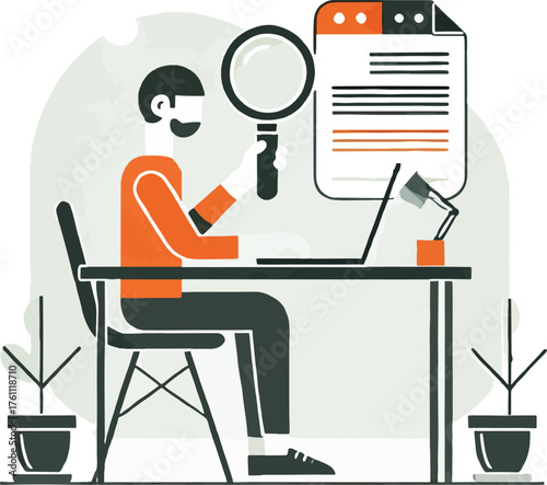 Man with magnifying glass examines document on laptop screen