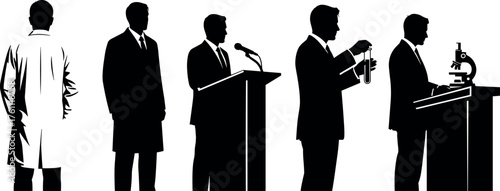 Silhouettes of Professional Men in Business, Science, and Public Speaking Roles Representing Career Diversity and Workplace Occupations in Vector Style