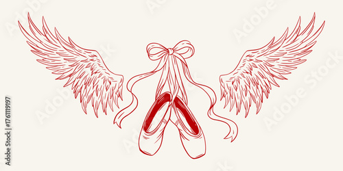 Coquette Balletcore. Pointe shoes with ribbon bow and angel wings. Elegant romantic vintage line art for logos, stickers, tattoos, ballet school decor