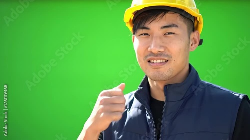 Smiling construction worker wearing yellow helmet giving thumbs up on green screen background, 4k UHD chroma key video