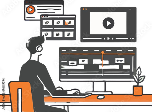 Person editing video on computer with multiple screens