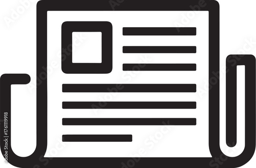 Black and white icon of a newspaper with text and a headline box information media also transparent background
