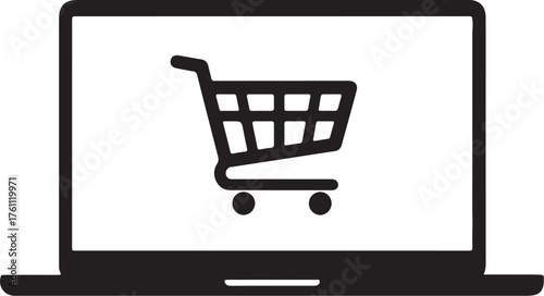 Black shopping cart icon displayed on a laptop screen on a white background trolley online also transparent background