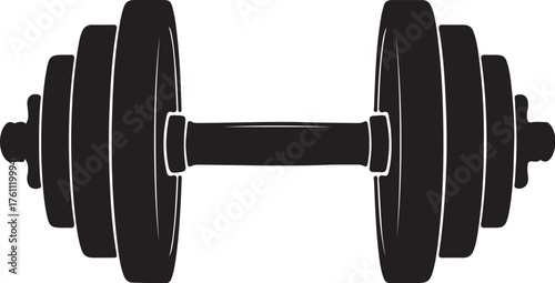 Black Silhouette of a Dumbbell with Multiple Weight Plates on a White Background fitness exercise also transparent background