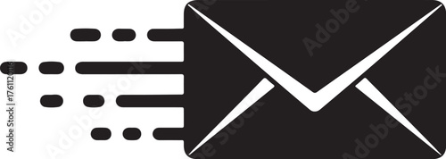Black silhouette of an envelope with motion lines indicating fast delivery email message also transparent background