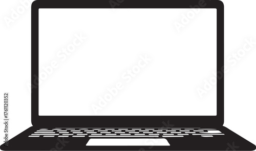 Black and white silhouette of an open laptop computer with a blank screen Keywords: laptop, computer, open, blank screen, technology, device, object, graphic, design, also transparent background