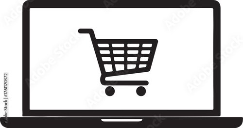 Black and white icon of a laptop computer displaying a shopping cart symbol Keywords: laptop, computer, shopping cart, online shopping, e-commerce, icon, symbol, also transparent background