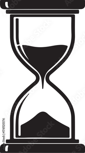 Black and white silhouette of an hourglass with sand flowing Keywords: hourglass, time, sand, timer, clock, measurement, duration, passage of time, antique, vintage, also transparent background