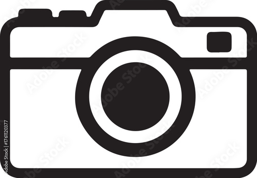 Simple black and white icon of a modern digital camera with a lens Keywords: camera, photography, icon, symbol, digital camera, lens, object, equipment, technology, also transparent background