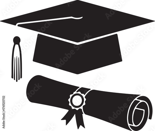 Graduation Cap and Diploma Scroll Silhouette on White Background tassel also transparent background
