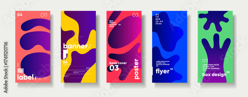 A vibrant collection of modern graphic designs featuring abstract shapes and bold colors. Each piece showcases unique layouts suitable for labels, banners, book covers, posters, and flyers.  