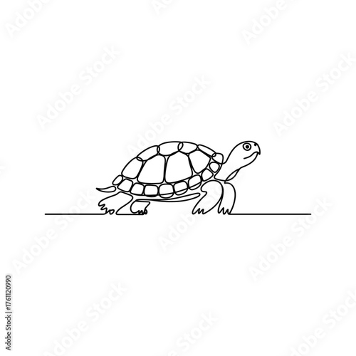Simple line art turtle slowly crawling across a horizon with its legs visible and head raised