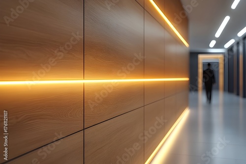 Warm hallway with wooden panels and linear lighting, modern corridor perspective with blurred business figure in the distance